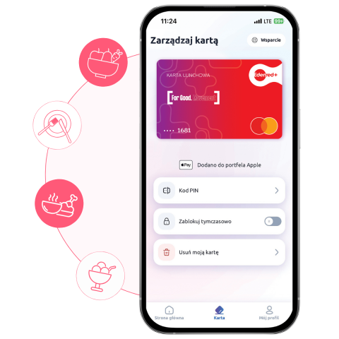 Karta lunchowa Edenred wyświetlona na ekranie smartfona wraz z ikonami jedzenia po lewej stronie
