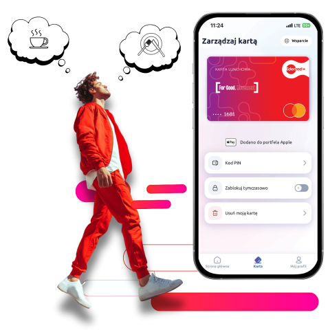 Mężczyzna myślący o kawie i jedzeniu idący w stronę smartfonu, na któym wyświetlona jest karta lunchowa Edenred